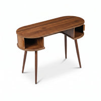 Walnut oval console desk, three-quarter front view showing open left cubby, small right drawer, and splayed tapered legs o…