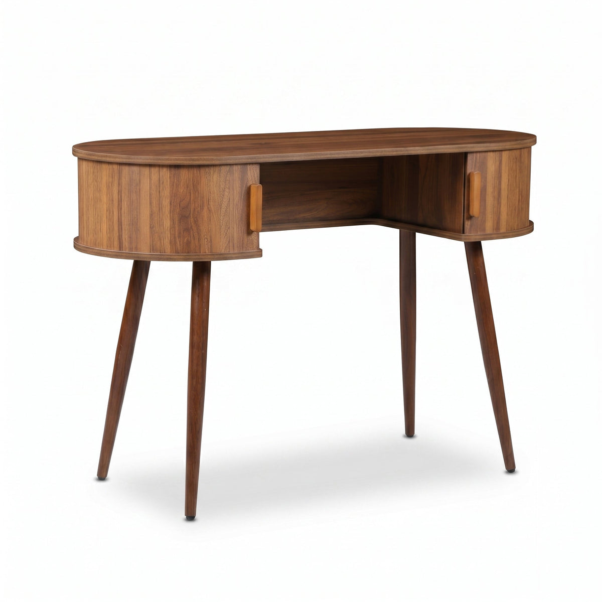Walnut oval console table with two sliding compartments, open centre shelf, and tapered legs, shot at a slight angle on wh…