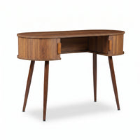 Walnut oval console table with two sliding compartments, open centre shelf, and tapered legs, shot at a slight angle on wh…