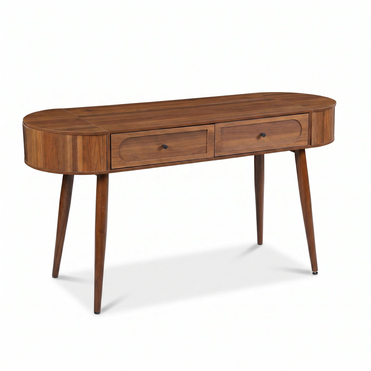 Walnut-finish oval wood writing desk with two drawers and tapered legs, angled front view on white background