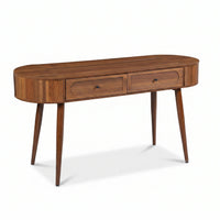 Walnut-finish oval wood writing desk with two drawers and tapered legs, angled front view on white background