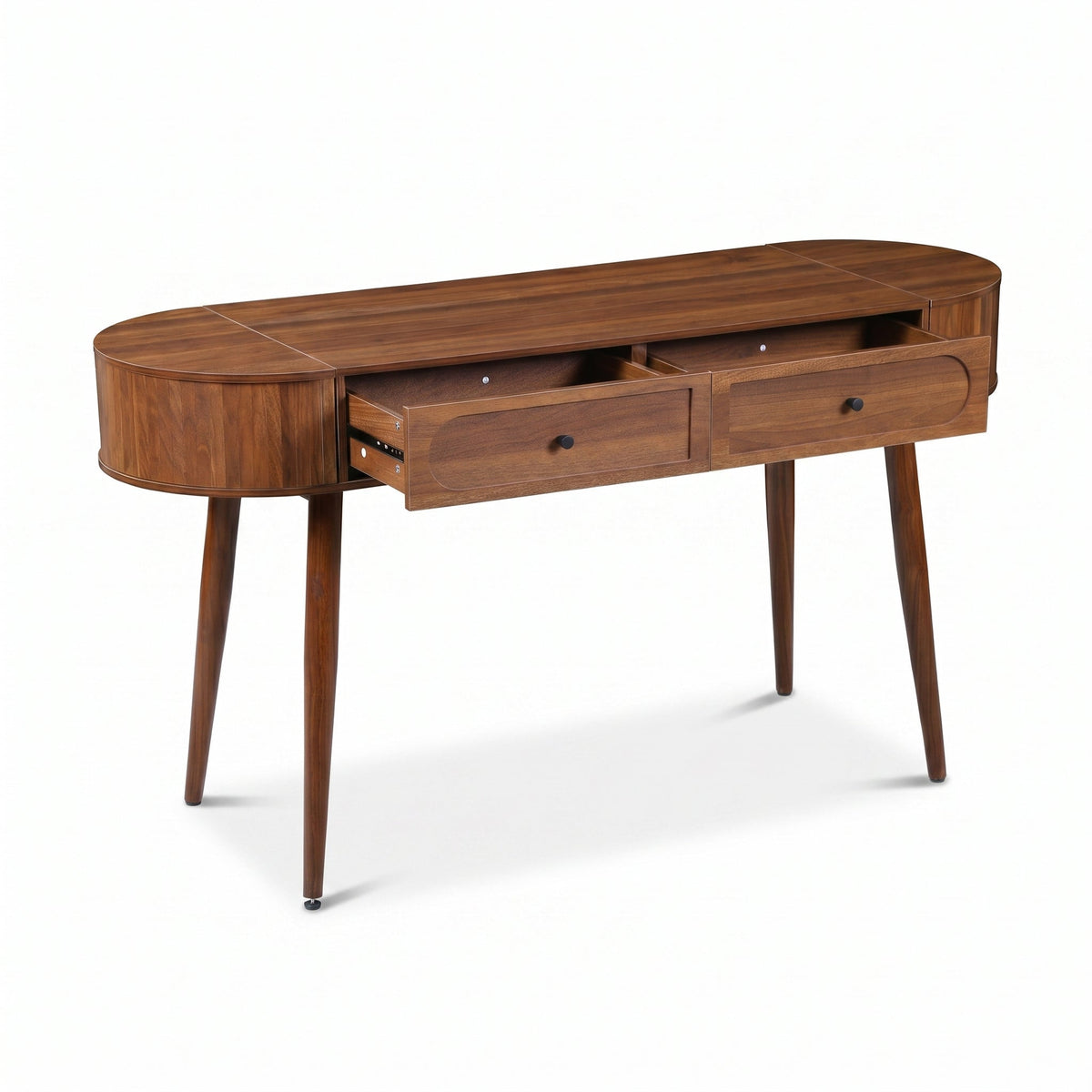 Walnut oval writing desk angled rear view, both drawers pulled open showing interior depth, tapered legs on white background
