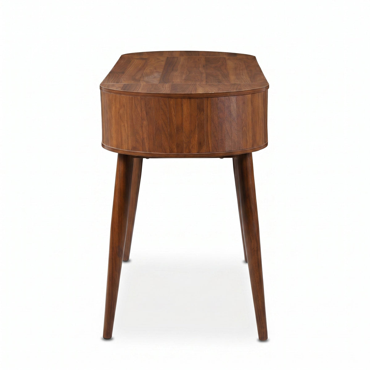 Side profile of walnut-finish oval writing desk showing parquet-patterned top surface and tapered legs, white background