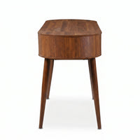Side profile of walnut-finish oval writing desk showing parquet-patterned top surface and tapered legs, white background
