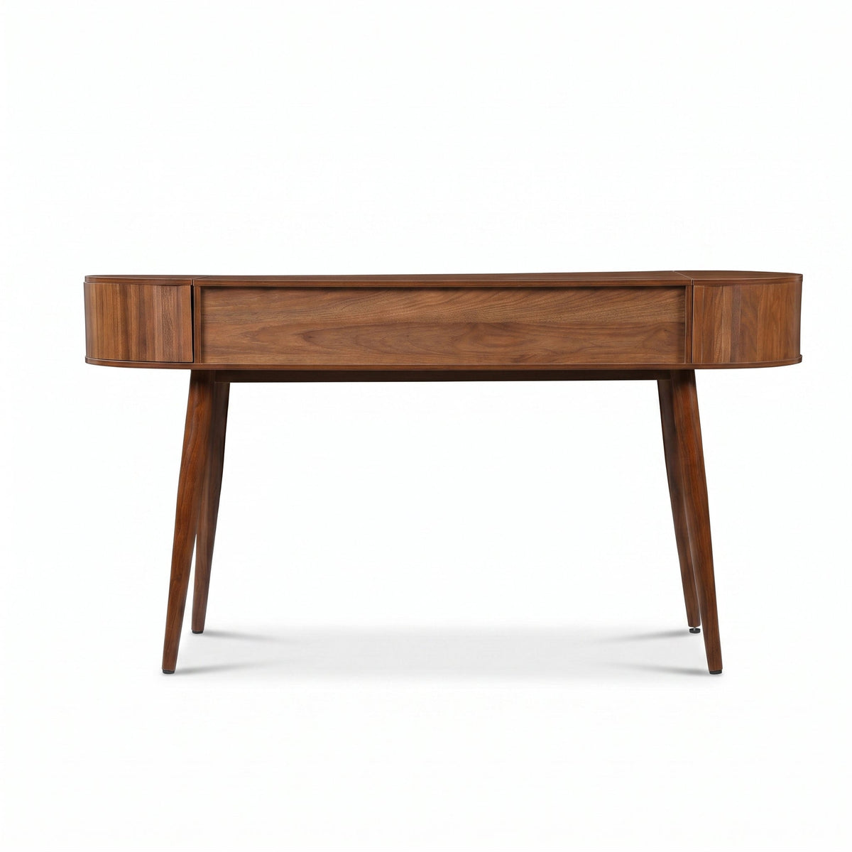 Straight-on front view of walnut oval writing desk, centre drawer and two side drawers visible, tapered legs, white backgr…