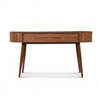 Straight-on front view of walnut oval writing desk, centre drawer and two side drawers visible, tapered legs, white backgr…