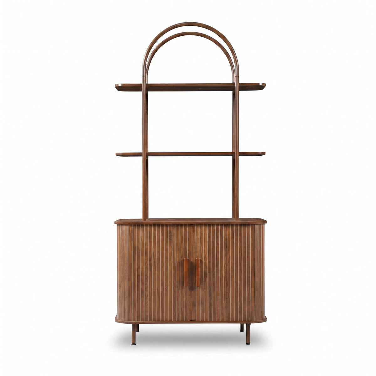 Walnut bookcase front view, ribbed two-door cabinet base with bar handles, two open shelves, double-arch wood top frame