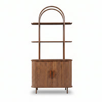 Walnut bookcase front view, ribbed two-door cabinet base with bar handles, two open shelves, double-arch wood top frame