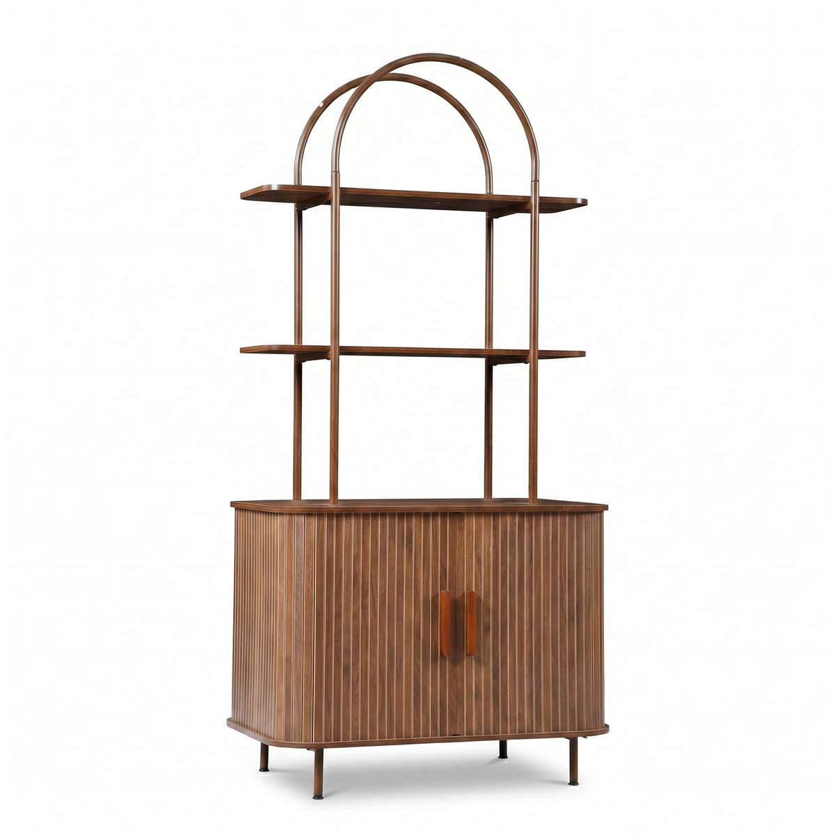 Walnut wood bookcase with arched metal frame, two ribbed sliding doors, and two open display shelves, front view on white…