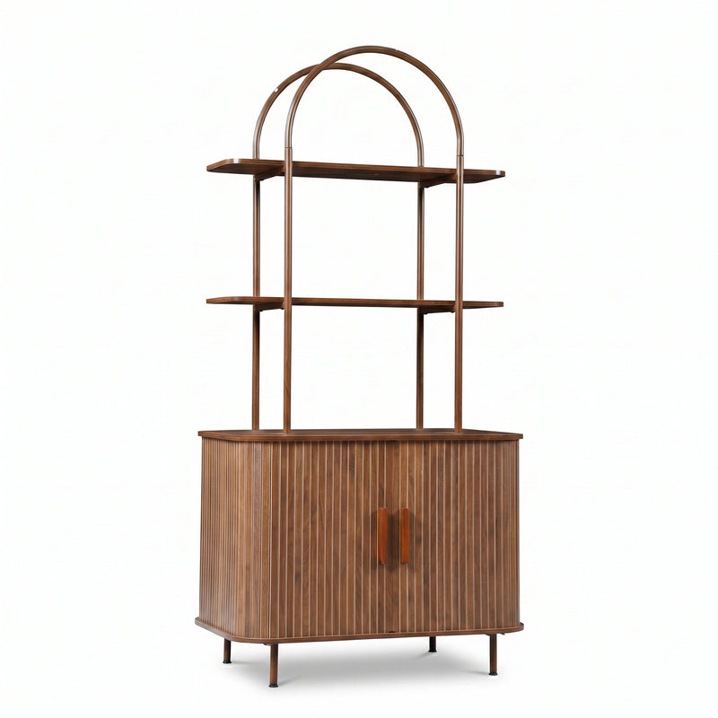 Walnut wood bookcase with arched metal frame, two ribbed sliding doors, and two open display shelves, front view on white…