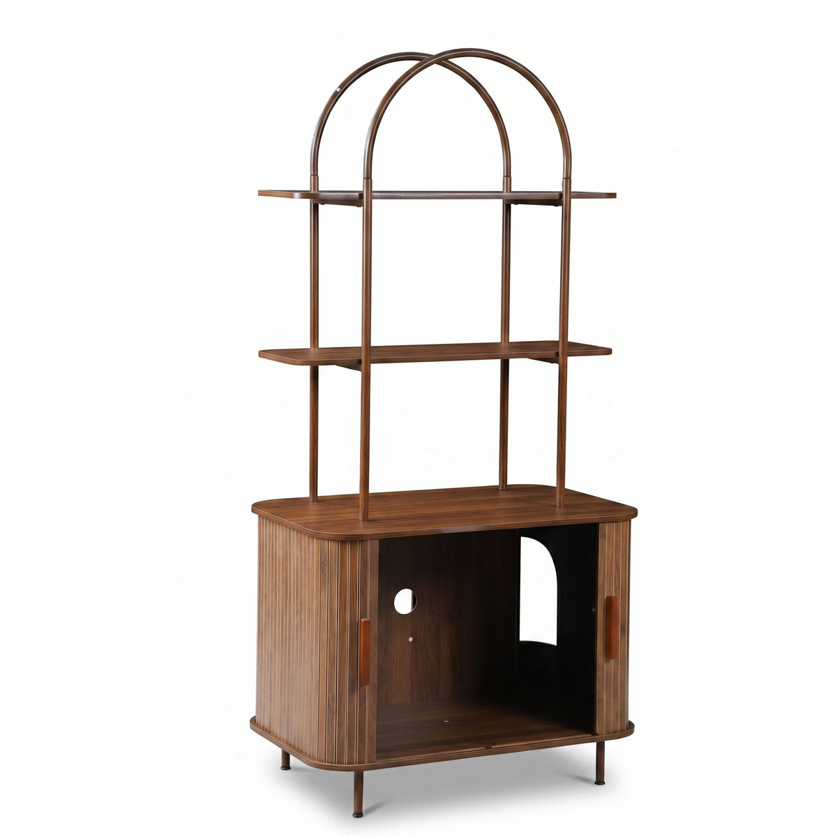 Walnut bookcase with right sliding door open, revealing interior compartment, ribbed panels, arched metal frame above two…