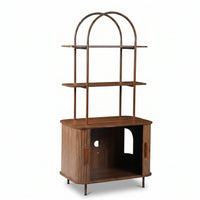 Walnut bookcase with right sliding door open, revealing interior compartment, ribbed panels, arched metal frame above two…