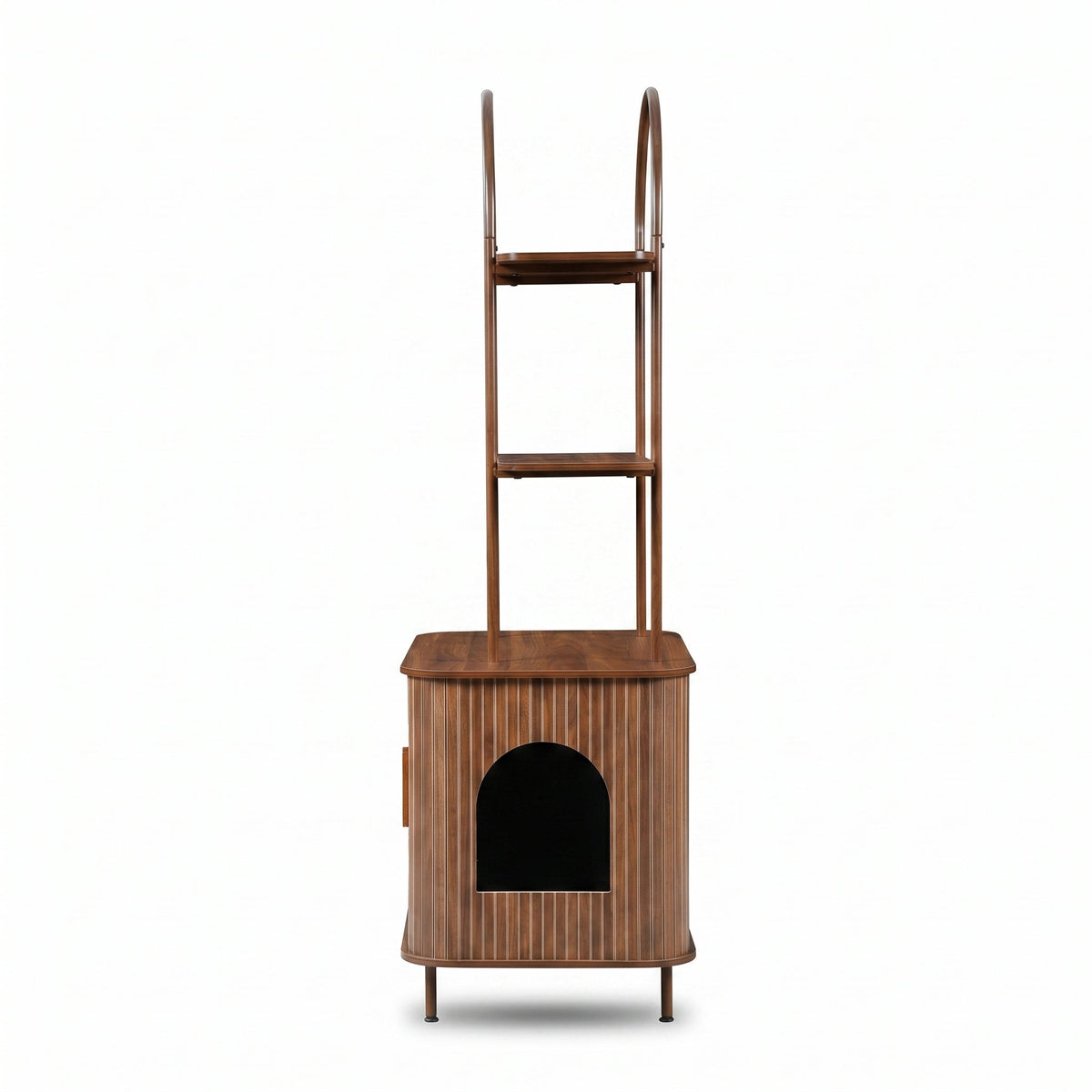 Walnut ribbed litter box enclosure with arched cat tree tower above, two stepped perch shelves, front view on white backgr…