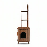 Walnut ribbed litter box enclosure with arched cat tree tower above, two stepped perch shelves, front view on white backgr…