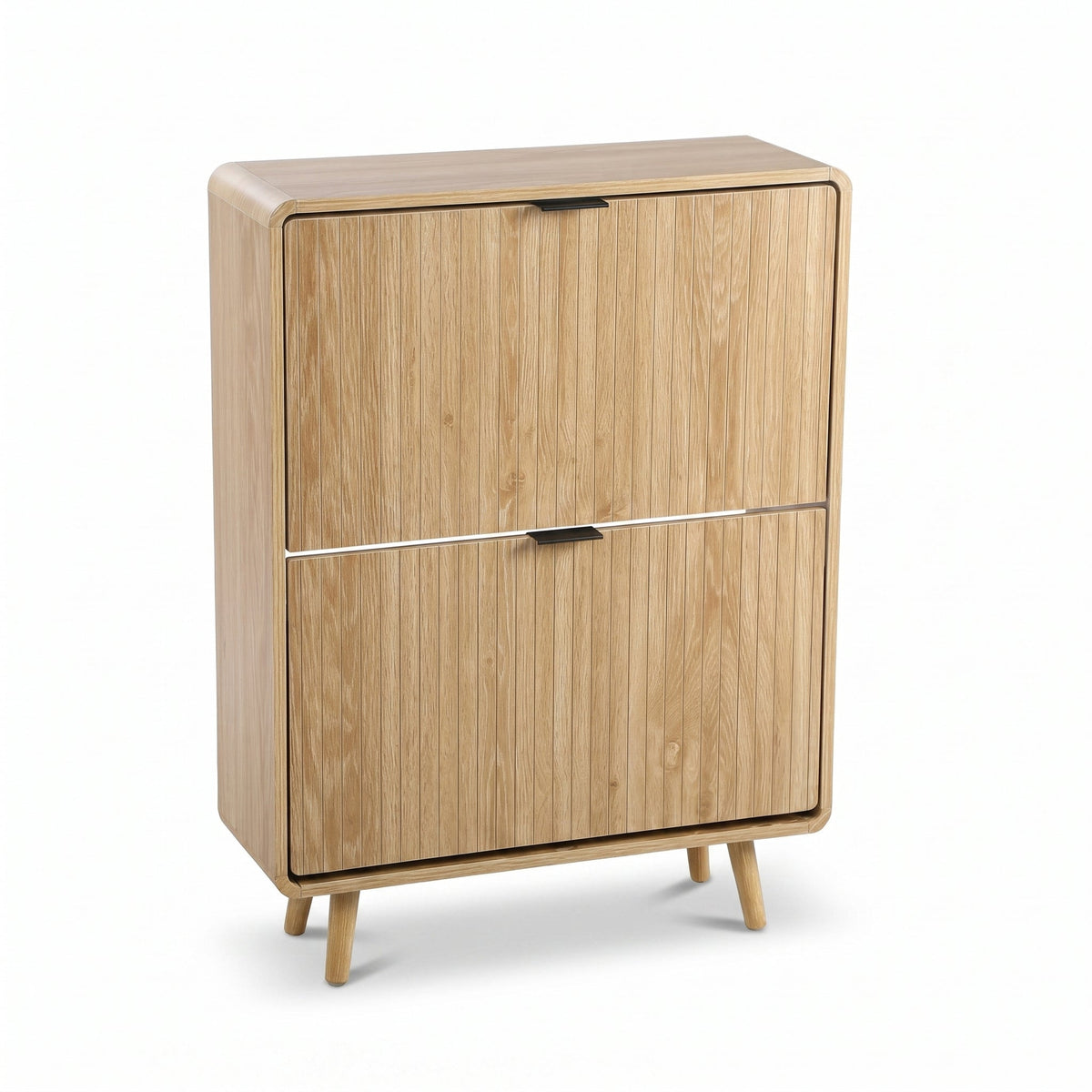 Light oak shoe cabinet with two flip-down doors, black bar handles, rounded edges, and angled splayed legs, front three-qu…