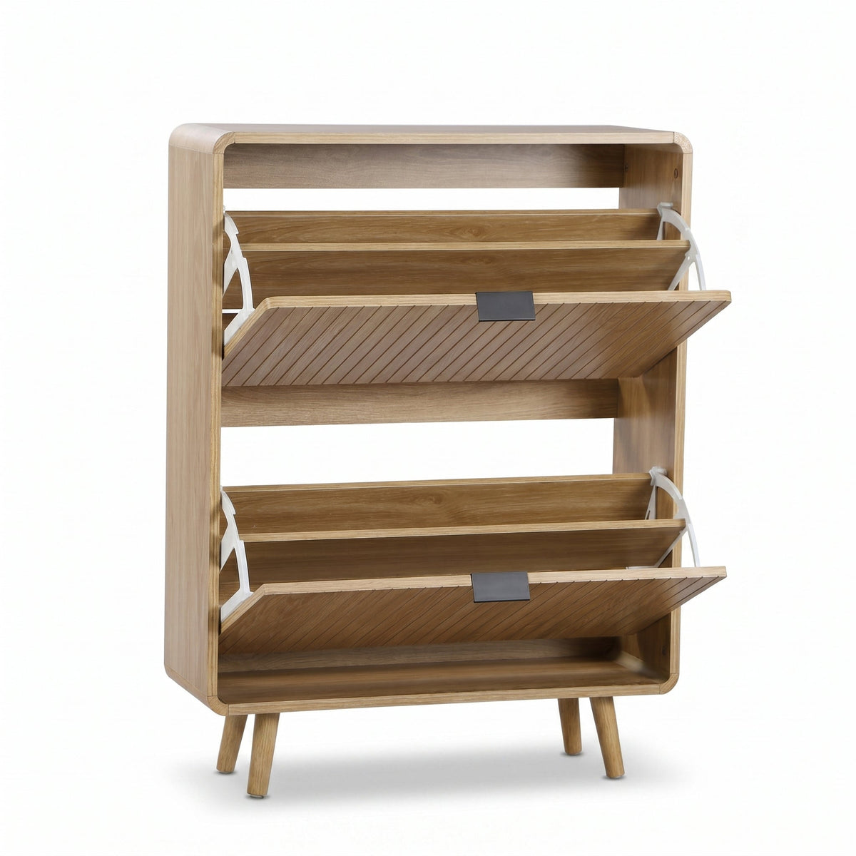 Light oak two-compartment shoe cabinet with both flip-down slatted doors open, showing internal shelves and white metal hi…