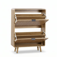 Light oak two-compartment shoe cabinet with both flip-down slatted doors open, showing internal shelves and white metal hi…