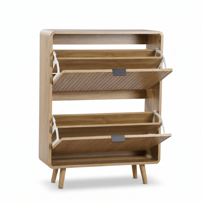 Light oak two-compartment shoe cabinet with both flip-down slatted doors open, showing internal shelves and white metal hi…
