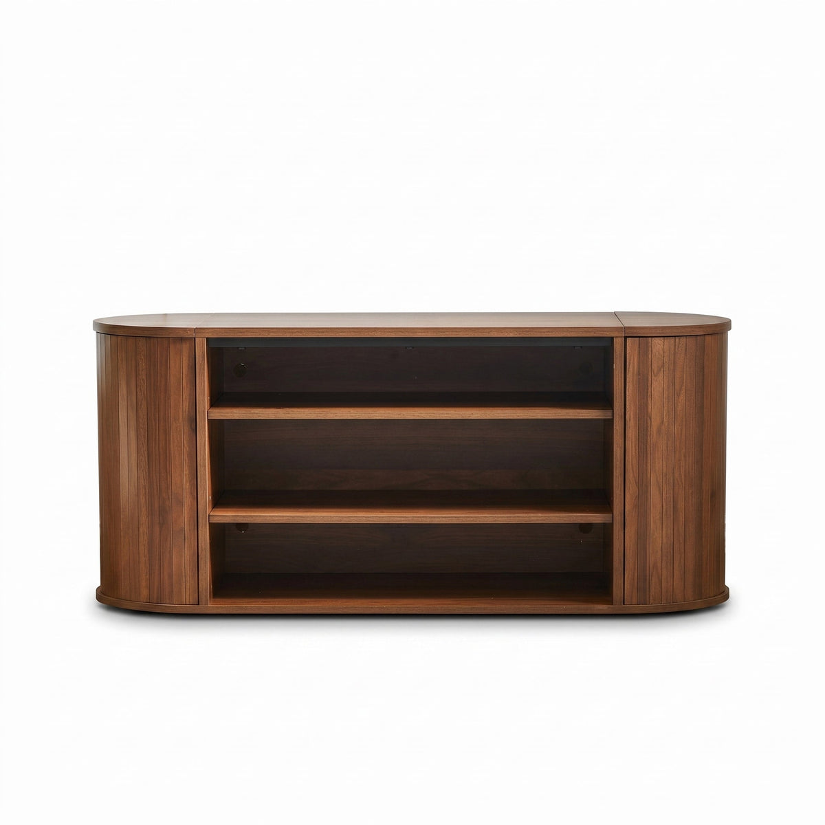 Walnut oval shoe bench front view, three open centre shelves, curved ribbed closed side compartments, white background