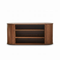 Walnut oval shoe bench front view, three open centre shelves, curved ribbed closed side compartments, white background