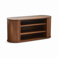 Walnut oval TV stand with three open centre shelves and curved ribbed end panels, angled view on white background