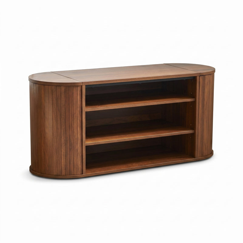 Walnut oval TV stand with three open centre shelves and curved ribbed end panels, angled view on white background