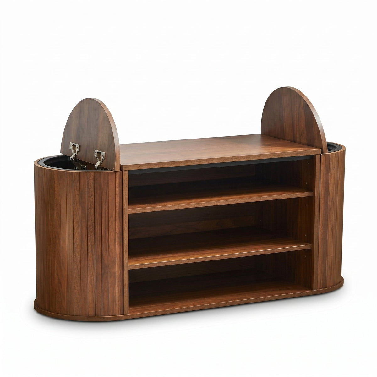 Walnut oval shoe bench angled rear view, left flip-top compartment open revealing hinge hardware, three open centre shelve…
