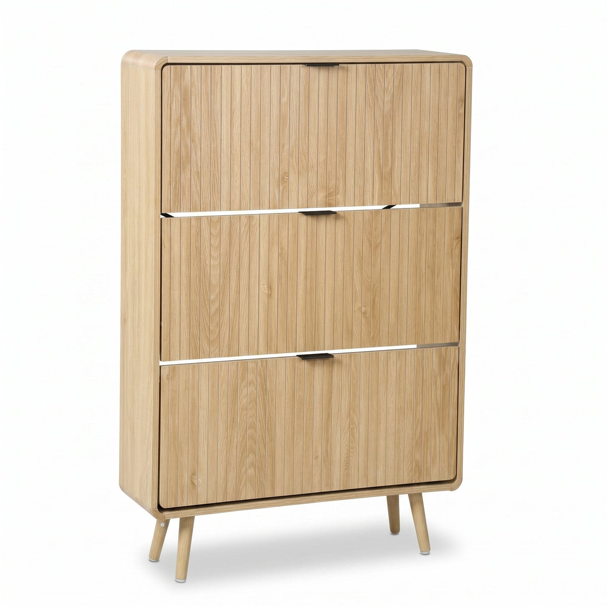 Tall oak-finish shoe cabinet with three flip-down doors, vertical wood grain panels, small black handles, and angled splay…