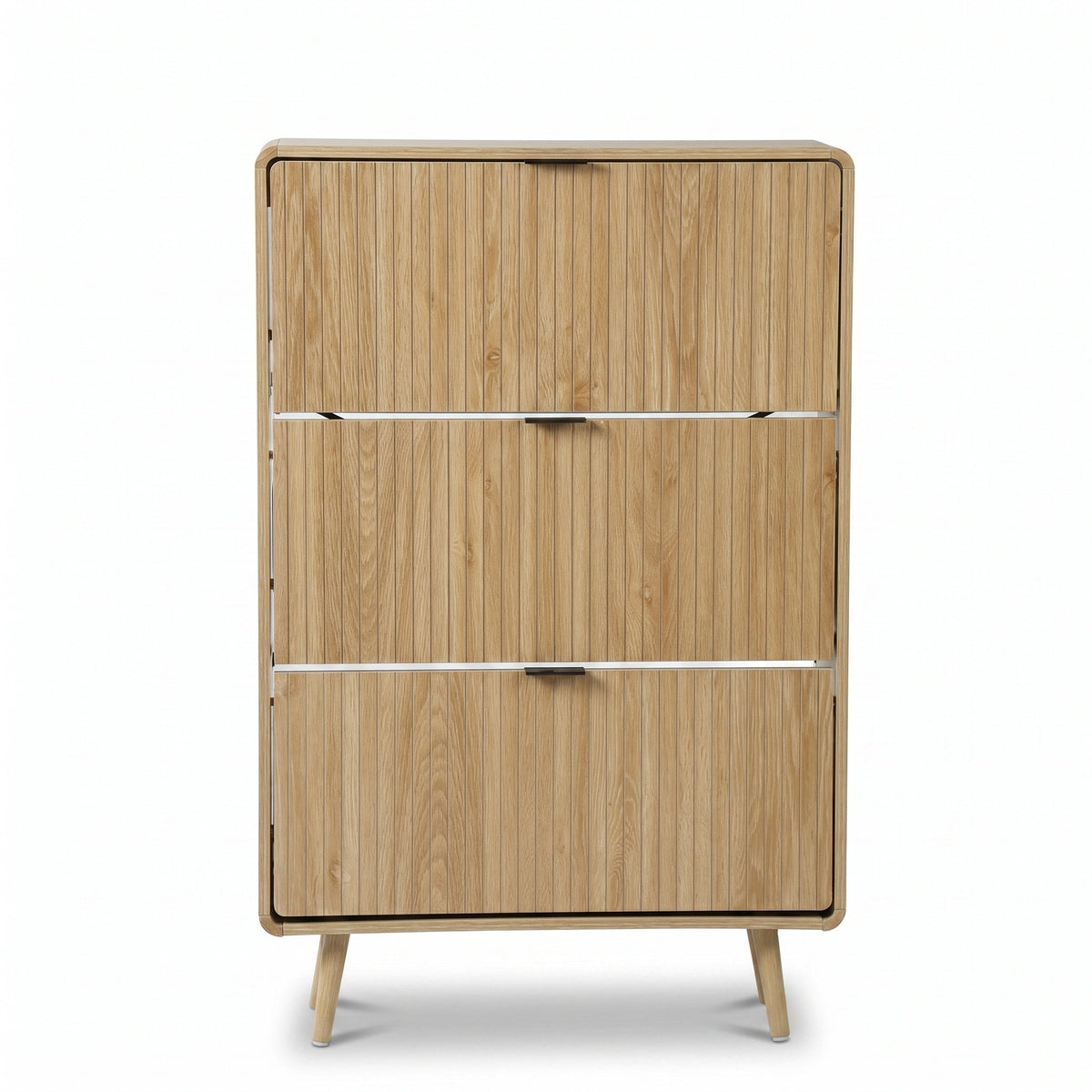 Angled front view of tall light oak shoe cabinet showing vertical wood grain, three flush flip-down doors with slim black…