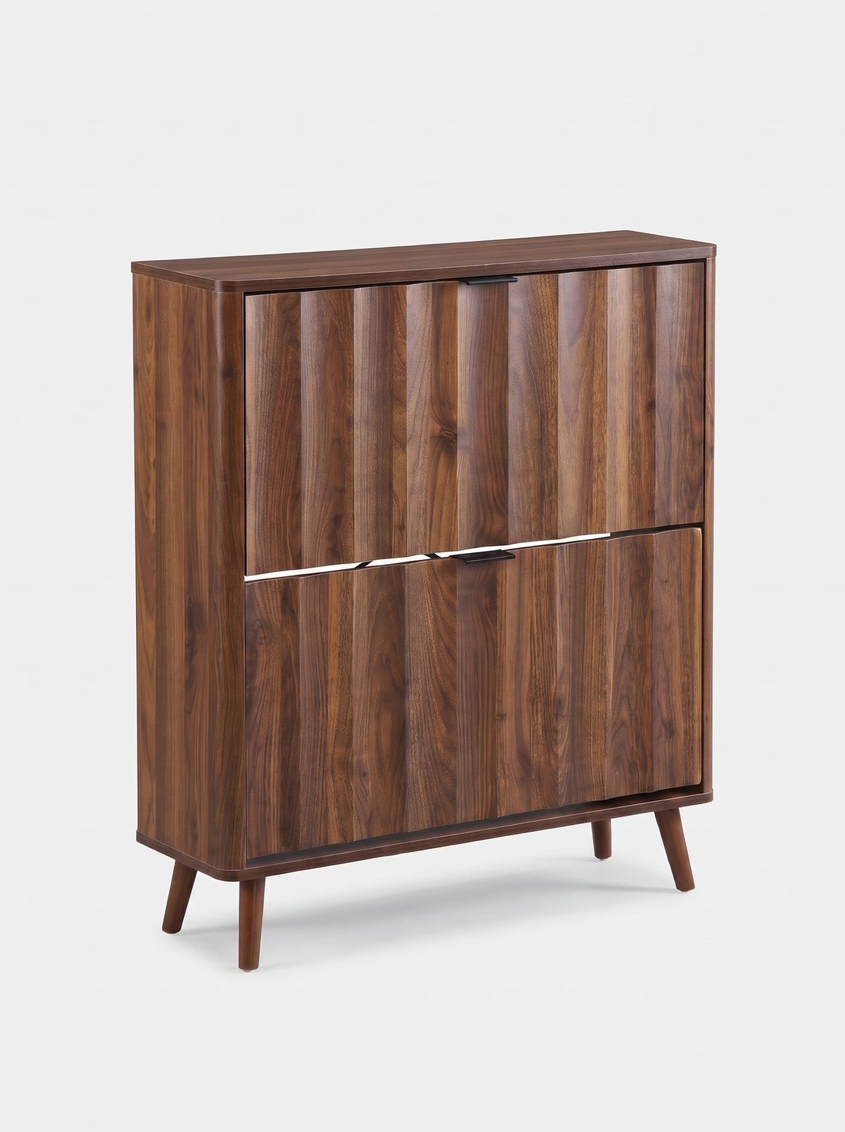 Walnut-finish Japandi shoe cabinet with two flip-down doors, splayed wooden legs, angled three-quarter view on white backg…