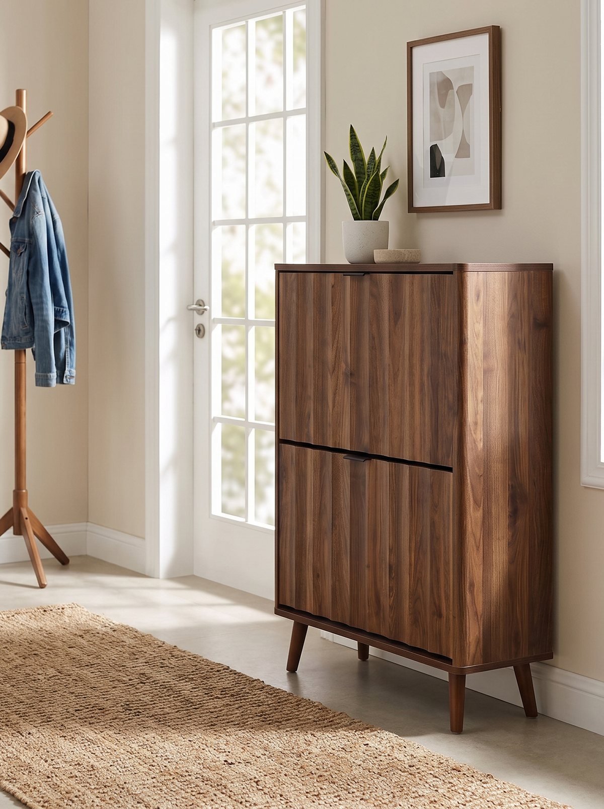 Walnut-finish shoe cabinet styled in bright entryway with coat rack, jute rug, snake plant on top, and framed art behind