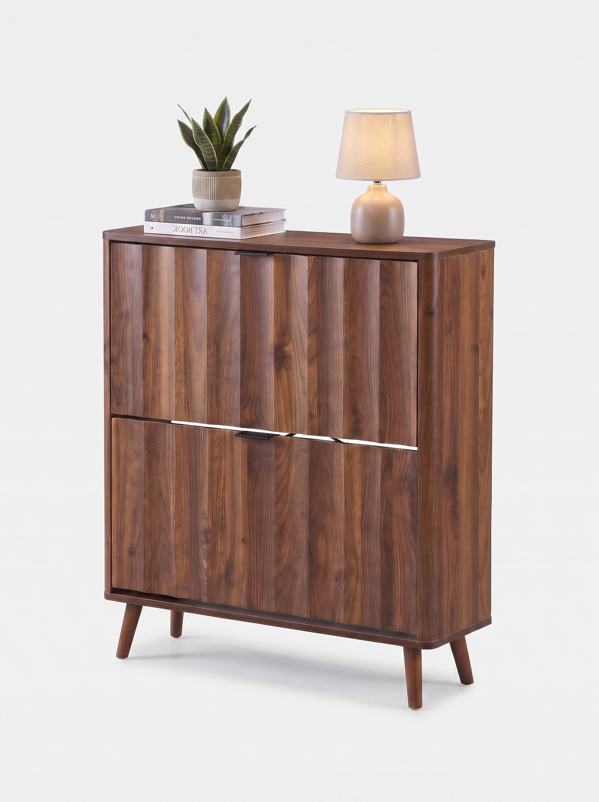 Walnut-finish Japandi shoe cabinet styled with stacked books, snake plant, and small table lamp on top, white background