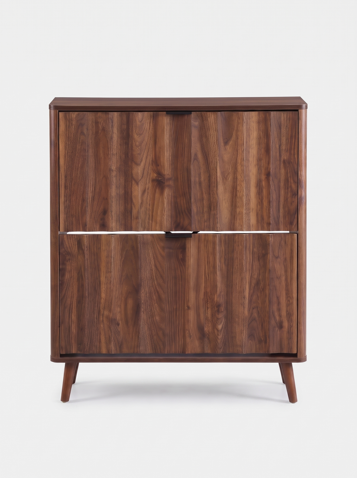 Walnut-finish Japandi shoe cabinet, front view, two closed flip-down doors with dark metal handles, splayed wooden legs, w…