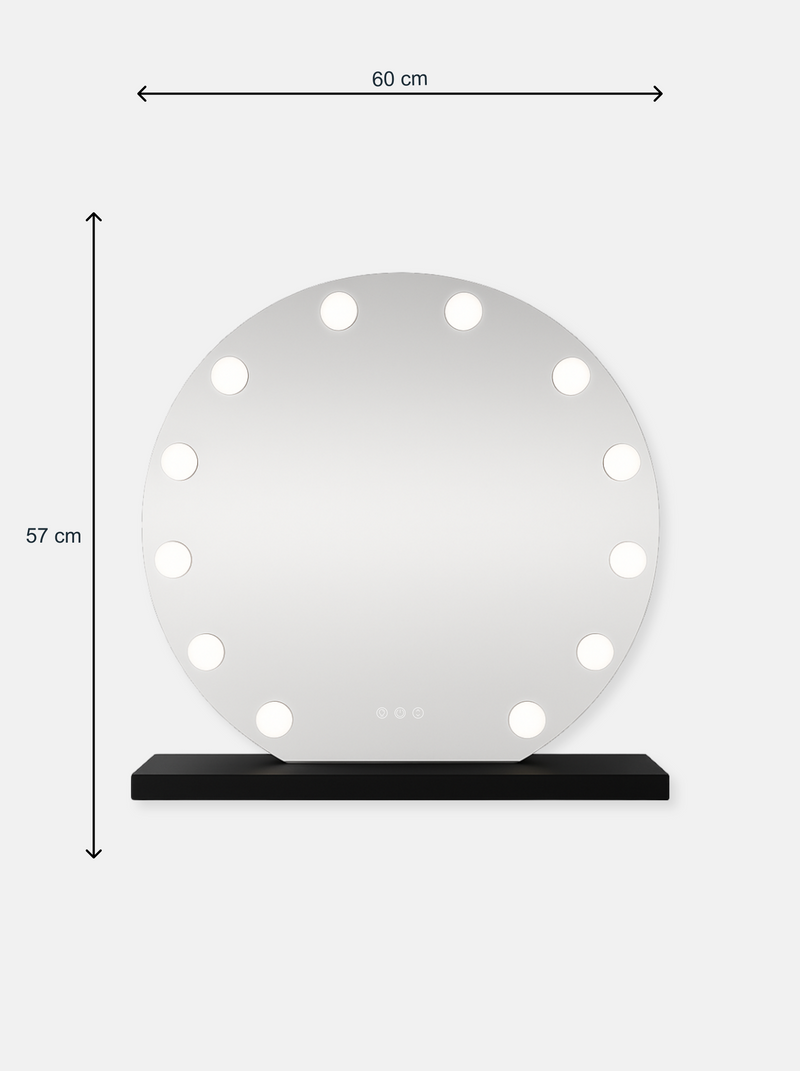 Dimension diagram of round Hollywood vanity mirror showing 60 cm width and 57 cm total height with black base