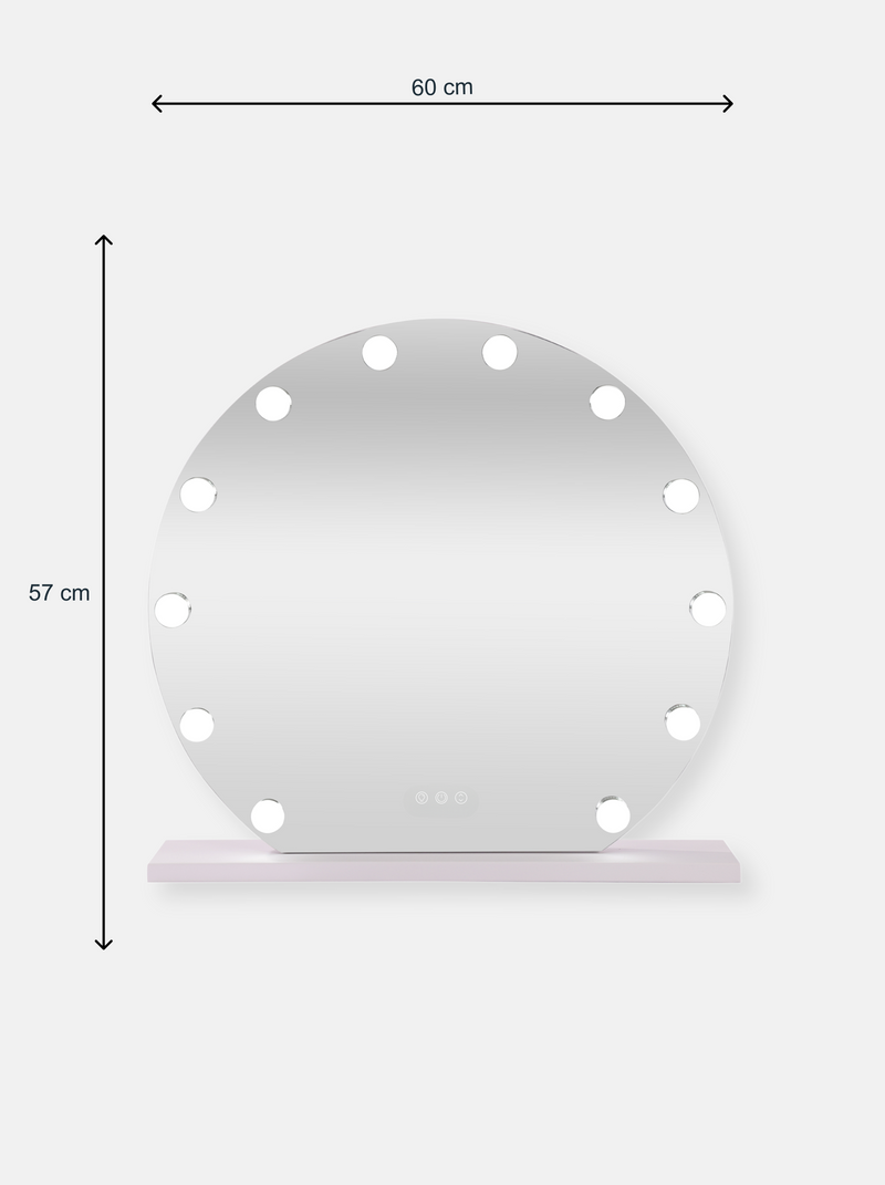 Dimension diagram of round white Hollywood vanity mirror showing 60 cm width and 57 cm height with arrow annotations