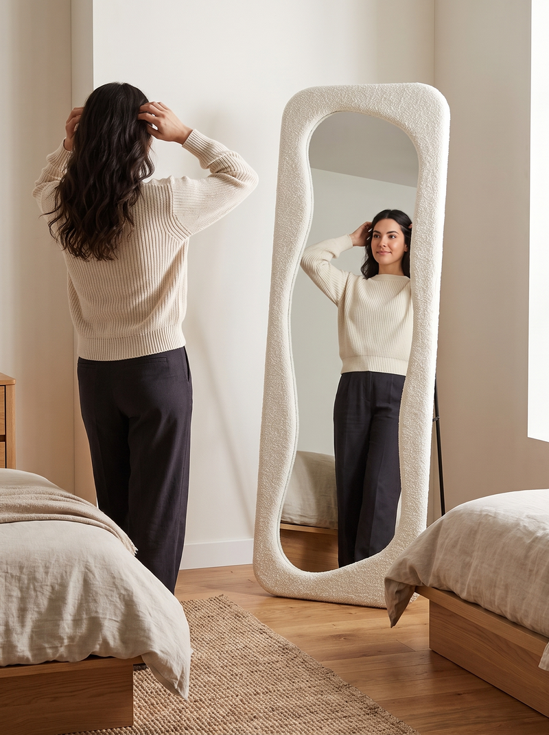 Asymmetrical standing mirror Felis with teddy fabric upholstery