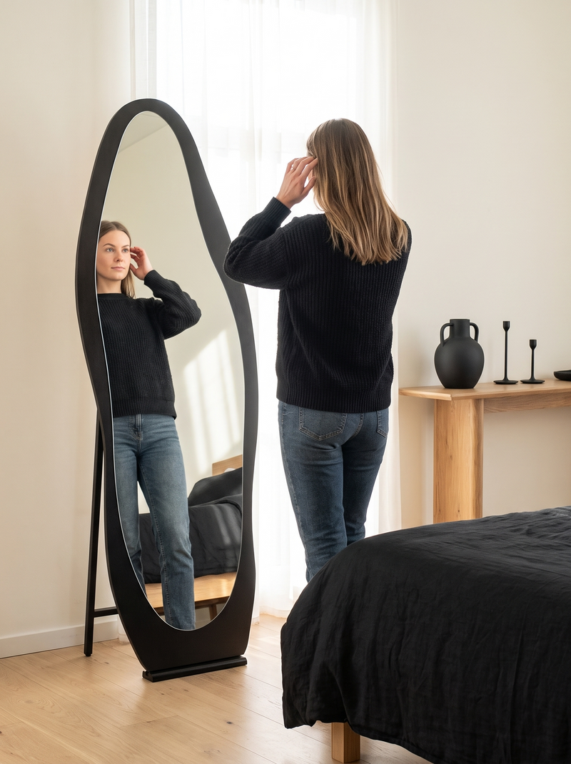Asymmetrical standing mirror Noa with wooden frame