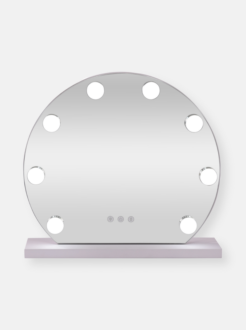 Round white Hollywood vanity mirror with 9 illuminated LED bulbs around edge, touch controls, on rectangular base, front view