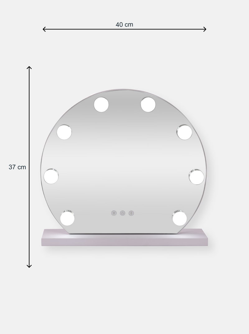 Dimension diagram of round white Hollywood vanity mirror showing 40 cm width and 37 cm height with measurement arrows