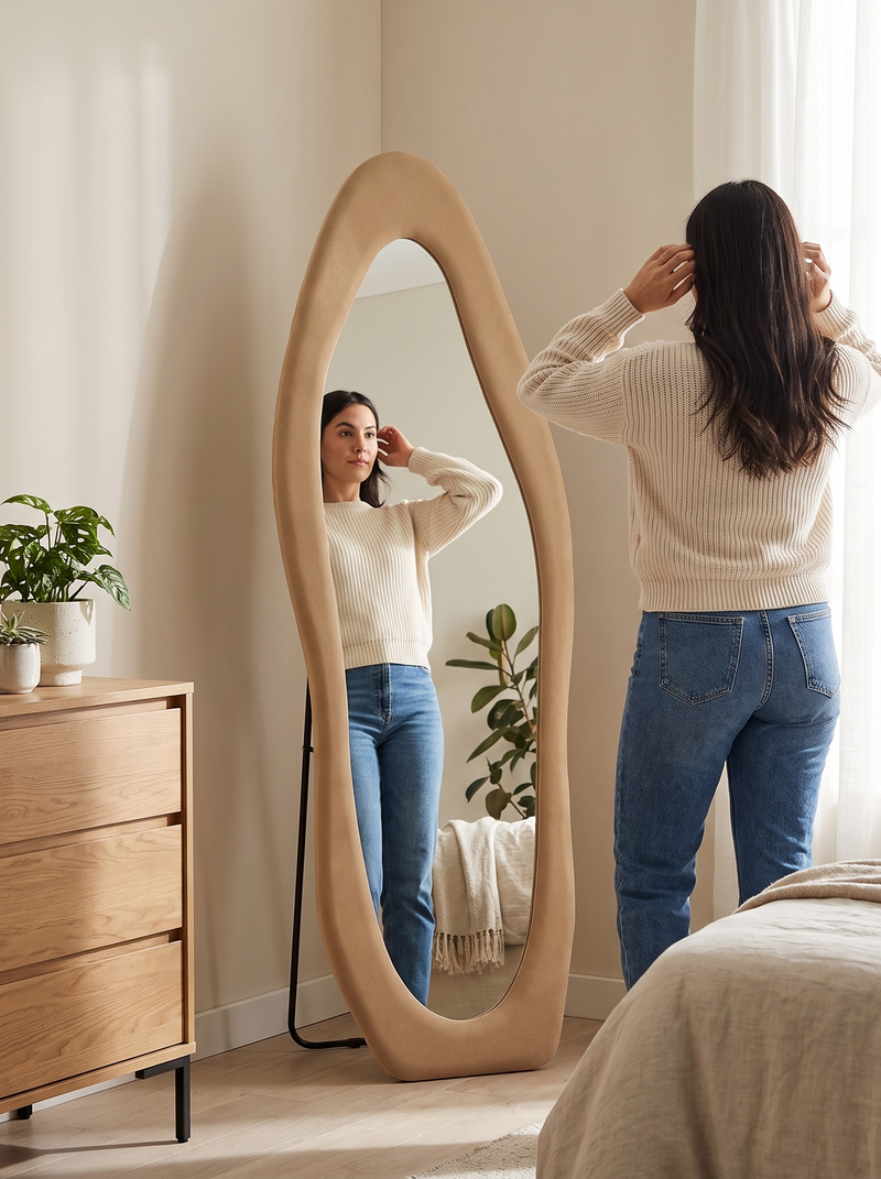 Asymmetrical standing mirror Seraphina with suede velvet upholstery