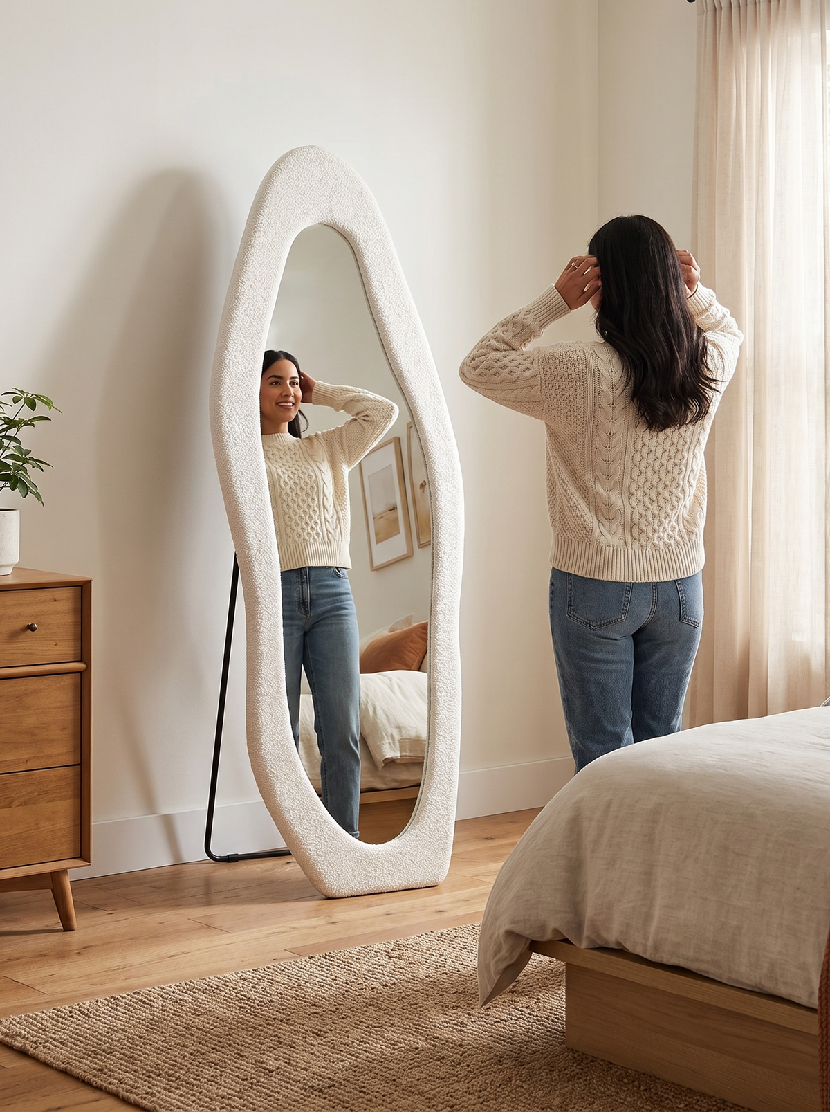 Asymmetrical standing mirror Seraphina with suede velvet upholstery