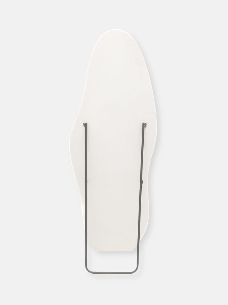 Back view of Seraphina asymmetric standing mirror showing white teddy fabric reverse and grey metal easel support frame