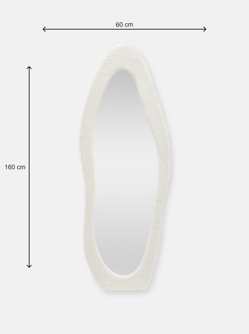 Dimension diagram of asymmetric oval mirror with white teddy frame, annotated 160 cm tall by 60 cm wide