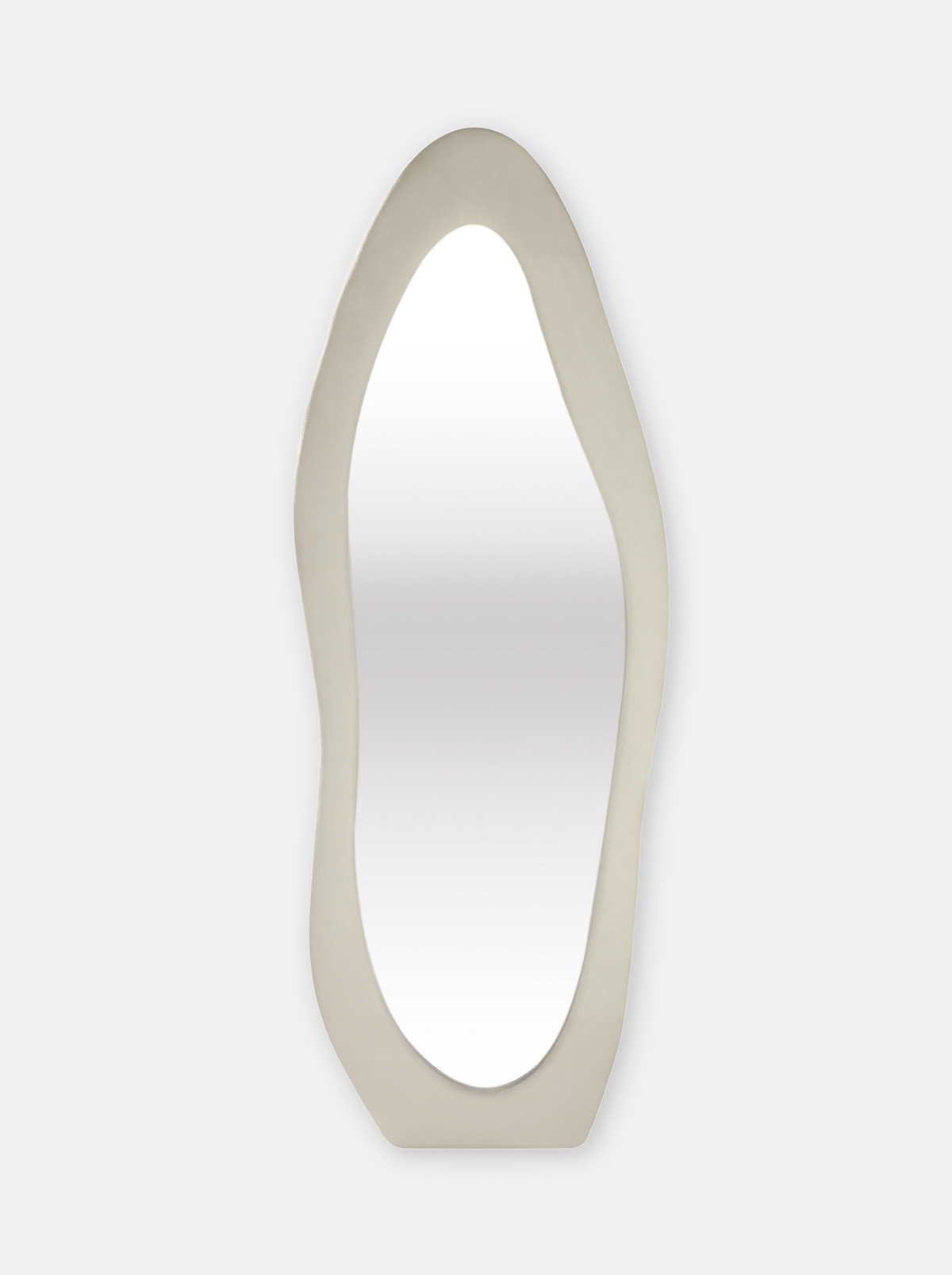 Asymmetrical standing mirror Seraphina with teddy fabric upholstery
