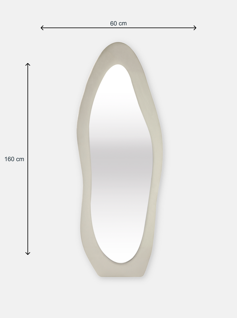 Dimension diagram of asymmetric full-length mirror with white suede velvet frame, annotated 160 cm tall by 60 cm wide