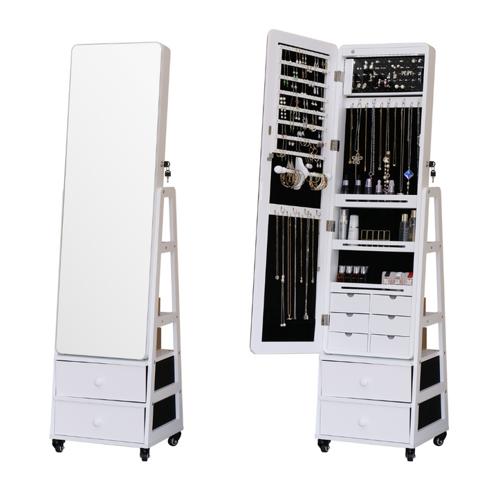 Buxibo Jewelry Cabinet on Wheels - With Mirror and LED Lighting