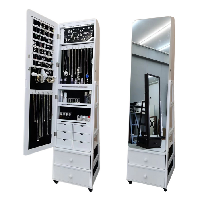 Buxibo Jewelry Cabinet on Wheels - With Mirror and LED Lighting