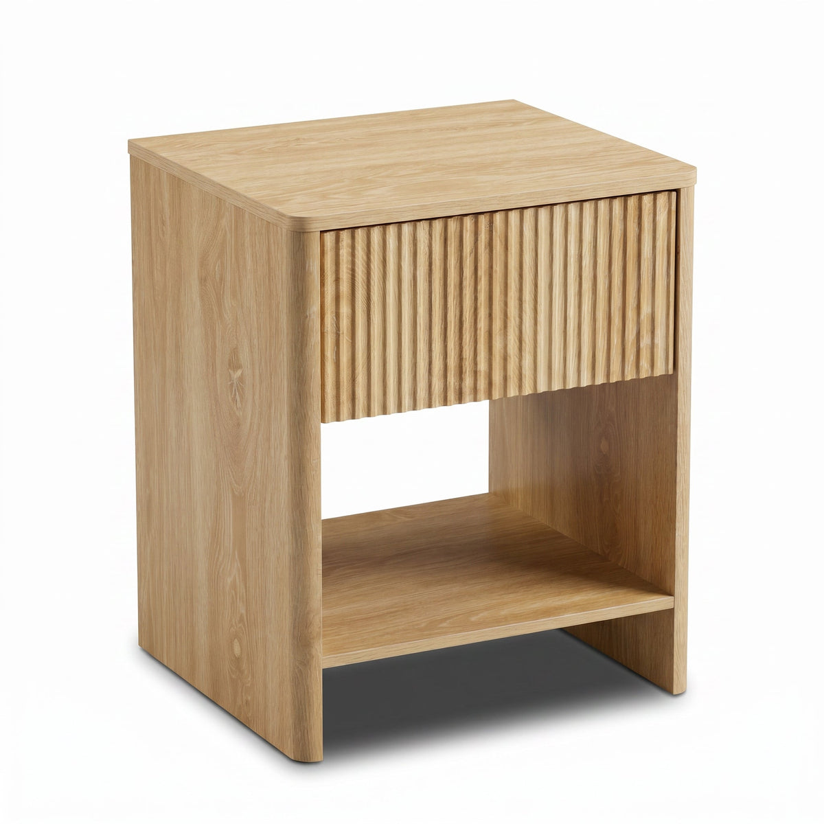 Light oak bedside table with ribbed drawer front and open lower shelf, angled three-quarter view on white background