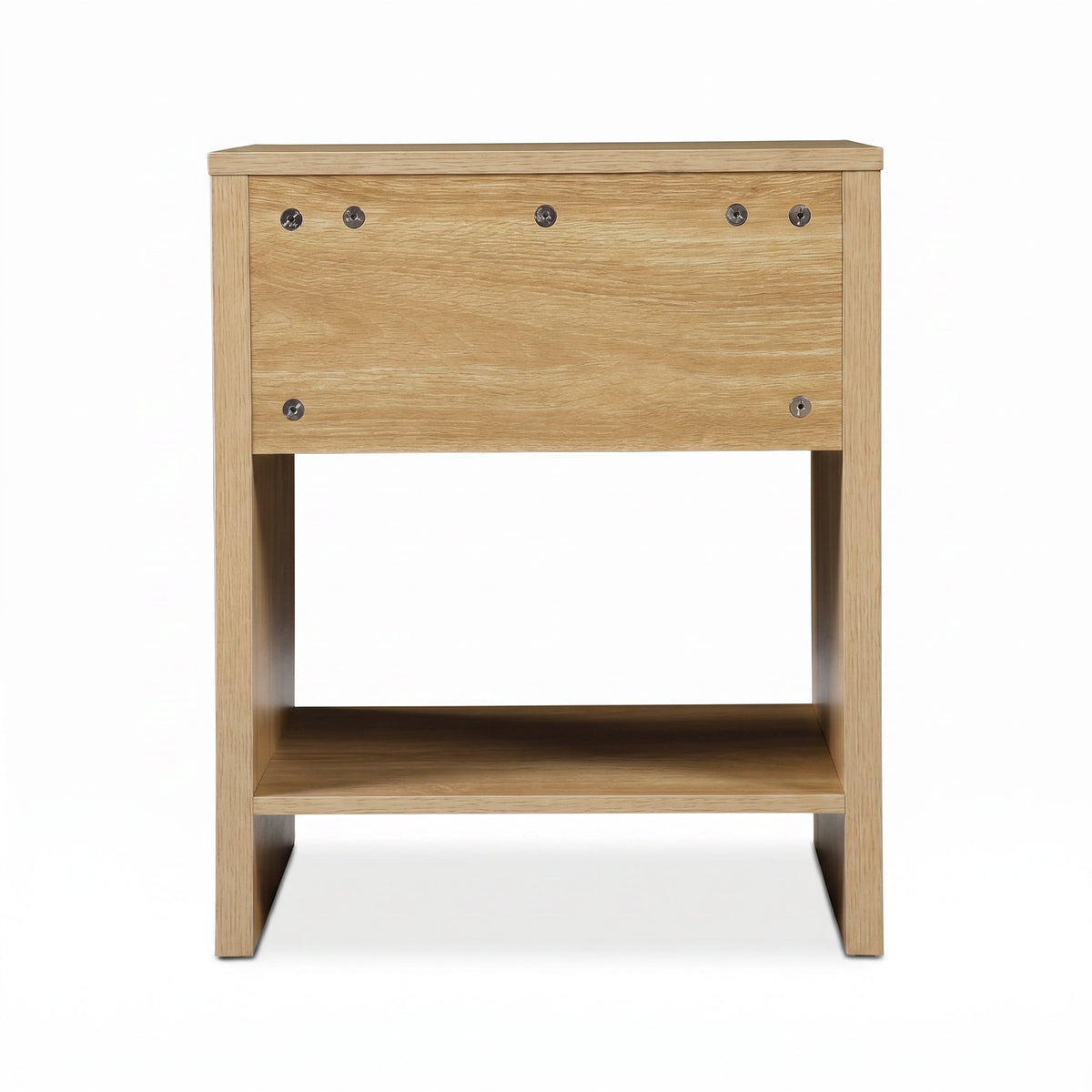 Back view of light oak bedside table showing visible screw fixings, open lower shelf, and sled-style base on white background