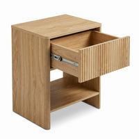 Light oak bedside table drawer pulled open, showing metal slide rails, empty interior, and open lower shelf beneath